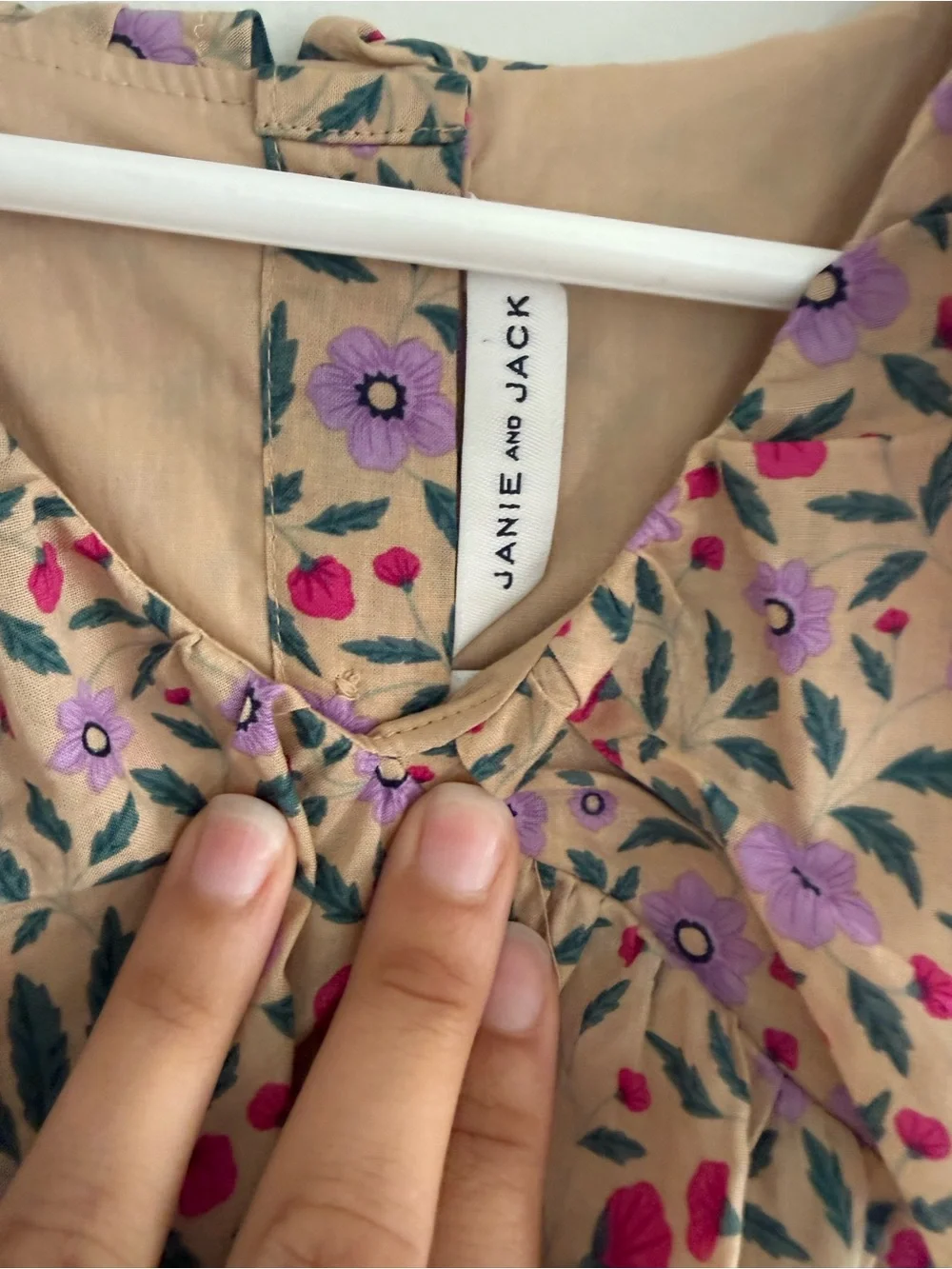 Janie & Jack Girls Floral Ruffle Dress in Beige with Pink & Purple Accents